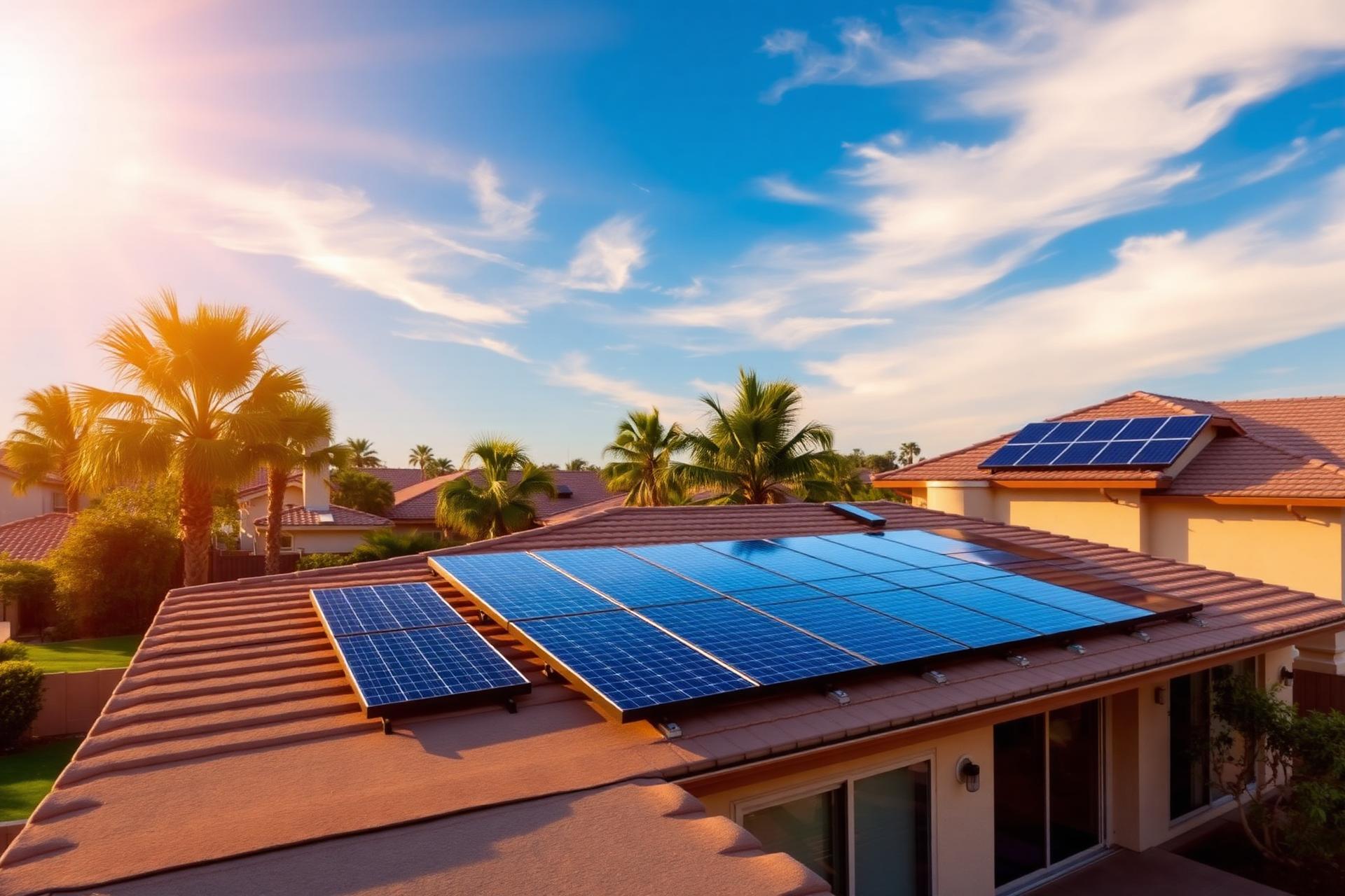 Solar panels on a sunlit California suburban home